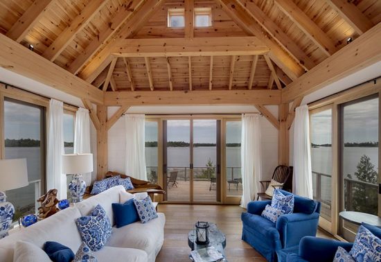 Normerica Timber Frame, Architects & Builders, Collaboration, Lakeside Cottage, Georgian Bay, Living Room, Fireplace