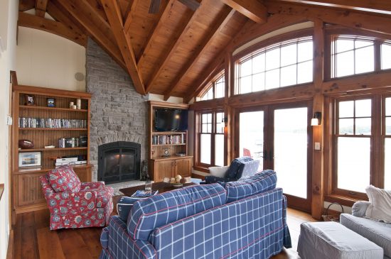 Normerica Timber Frame, Interior, Cottage, Family Room, Fireplace, Cathedral Ceiling