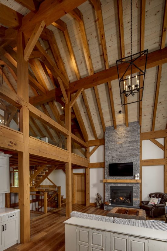 Normerica Timber Frame, Interior, Cottage, Living Room, Great Room, Fireplace, Open Concept, Cathedral Ceiling