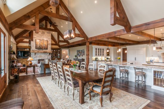 Normerica Timber Frame, Interior, Country House, Open Concept, Cathedral Ceiling, Dining Room, Kitchen, Living Room, Great Room