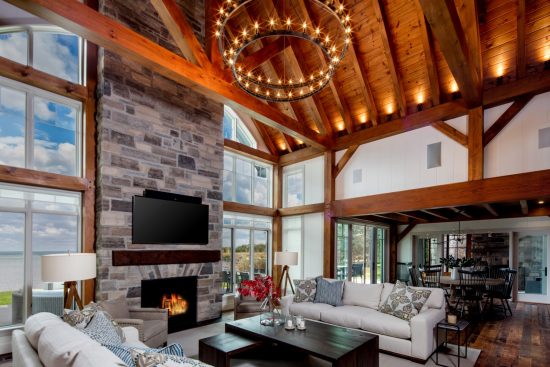 Normerica Timber Frame, Interior, Cottage, Open Concept, Living Room, Great Room, Cathedral Ceiling