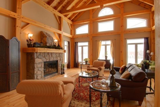 Normerica Timber Frame, Interior, Living Room, Great Room, Fireplace, Cathedral Ceiling