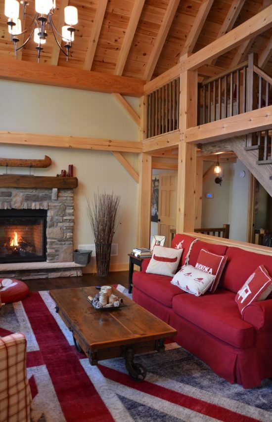 Normerica Timber Frame, Interior, Cottage, Living Room, Great Room, Cathedral Ceiling, Fireplace, Loft, Stairs