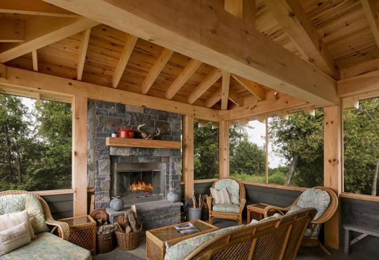 Normerica Timber Frame, Interior, Cottage, Screened Porch, Fireplace