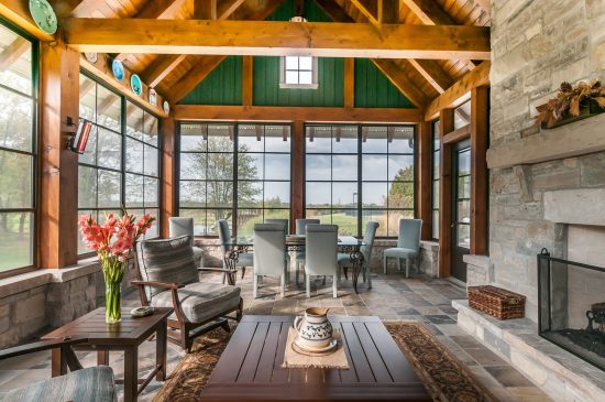 Normerica Timber Frame, Interior, Country House, 3 seasons room, Screened Porch, Fireplace