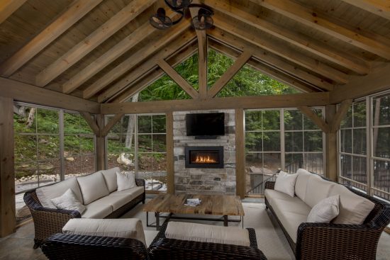 Normerica Timber Frame, Cottage, Interior, Fireplace, Muskoka Room, 3 Season Room