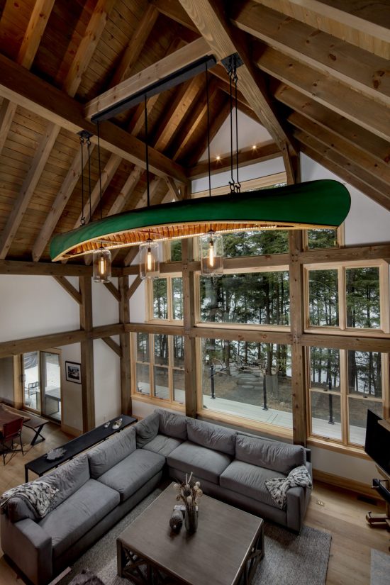Normerica Timber Frame, Interior, Cottage, Great Room, Living Room, Cathedral Ceiling, Canoe Light Fixture