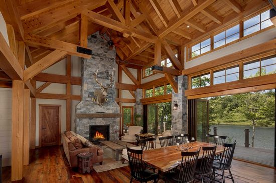Normerica Timber Frame, Interior, Cottage, Great Room, Living Room, Dining Room, Open Concept, Cathedral Ceiling, Fireplace