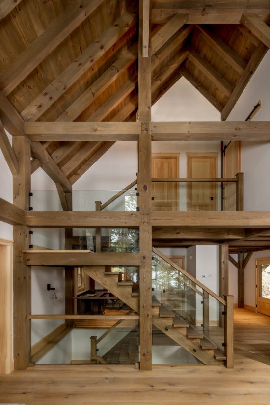 Normerica Timber Frame, Interior, Cottage, Cathedral Ceiling, Stairs, Glass Railing