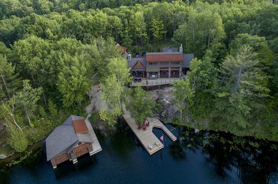Normerica Timber Frame, Exterior, Cottage, Aerial View, Boat House, Dock