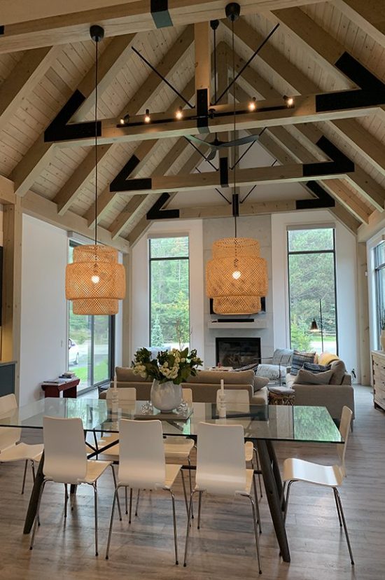 Normerica Timber Frame, Interior, Great Room, Living Room, Dining Room, Open Concept, Contemporary, Modern, Cathedral Ceiling
