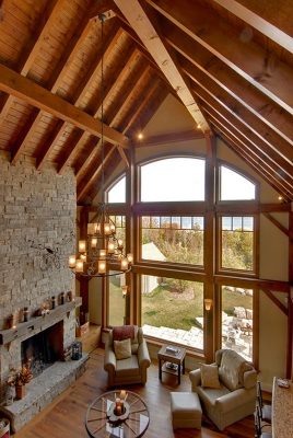 Normerica Timber Frame, Interior, Cottage, Living Room, Great Room, Fireplace, Cathedral Ceiling