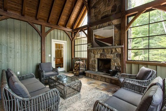 Normerica Timber Frame, Interior, Cottage, Muskoka Room, Screened Porch, Fireplace