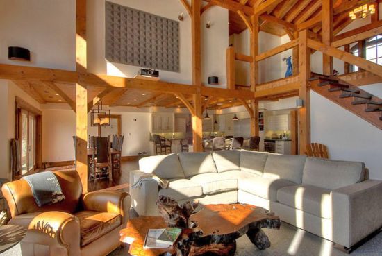 Normerica Timber Frame, Interior, Custom, Cottage, Great Room, Living Room, Stairs