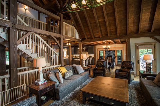 Normerica Timber Frame, Interior, Cottage, Living Room, Great Room, Cathedral Ceiling, Stairs, Loft