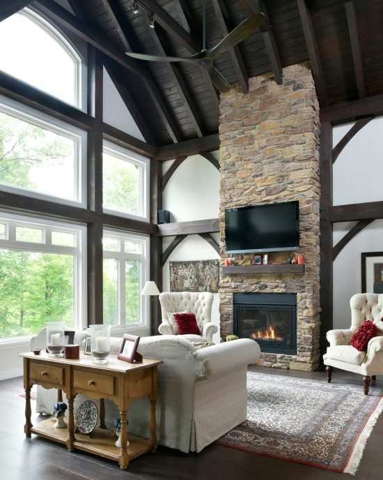 Normerica Timber Frame, Interior, Cottage, Living Room, Great Room, Fireplace