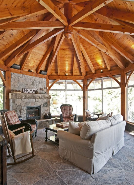Normerica Timber Frame, Interior, Cottage, Screened Poch, Fireplace, Round Room