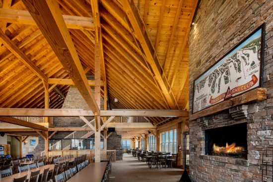 Normerica Timber Frame, Commercial Project, Craigleith Ski Club, Ski Resort, Collingwood, Ontario, Interior, Fireplace