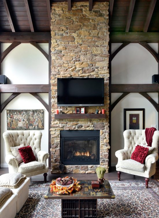 Normerica Timber Frame, Interior, Cottage, Fireplace, Living Room, Great Room, Cathedral Ceiling