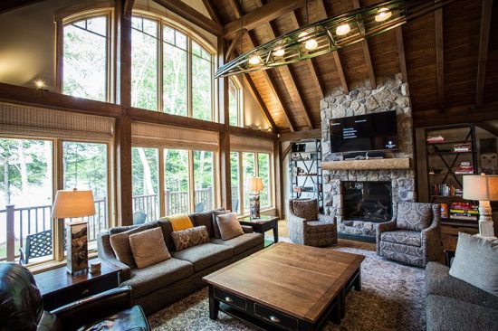 Normerica Timber Frame, Interior, Cottage, Great Room, Living Room, Fireplace, Cathedral Ceiling