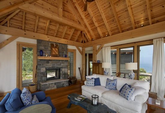 Normerica Timber Frame, Interior, Cottage, Living Room, Fireplace, Cathedral Ceiling