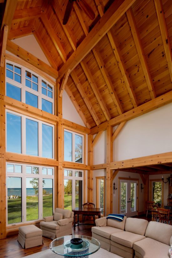 Normerica Timber Frame, Interior, Cottage, Living Room, Great Room, Cathedral Ceiling, View of the Lake