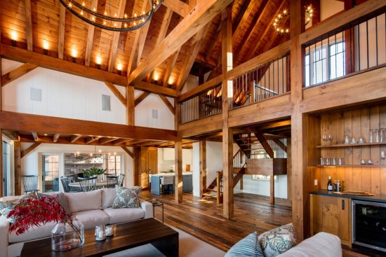 Normerica Timber Frame, Interior, Cottage, Living Room, Open Concept, Bar, Cathedral Ceiling, Loft