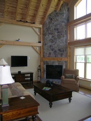 Normerica Timber Frame, Commercial Project, The Cottages at Diamond 'In the Ruff', Muskoka Lakes, Ontario, Interior, Fireplace