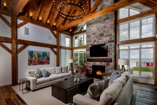 Normerica Timber Frame, Interior, Cottage, Living Room, Great Room, Fireplace, Cathedral Ceiling