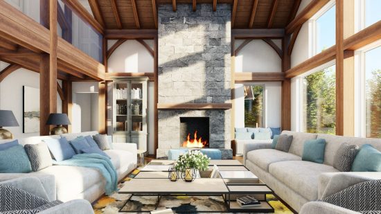 Normerica Timber Frames, House Plan, The Rossmore, Interior, Living Room, Open Concept, Cathedral Ceiling, Fireplace