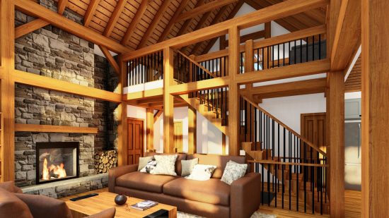 Normerica Timber Frames, House Plans, The Tobermory 3949, Interior, Living Room, Fireplace