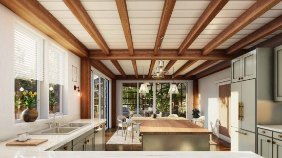 Normerica Timber Frames, House Plan, The Rossmore, Interior, Kitchen, Screened Porch, 3 Season Muskoka Room