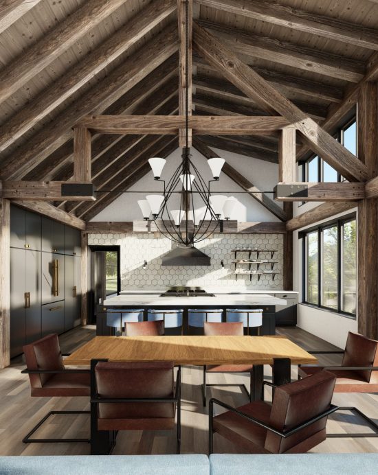 Normerica Timber Frames, House Plan, The Redstone 3920, Interior, Dining Room, Kitchen, Open Concept, Cathedral Ceiling