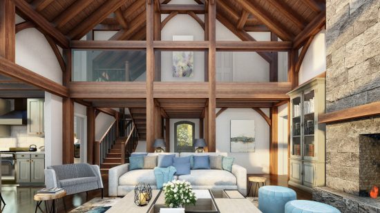 Normerica Timber Frames, House Plan, The Rossmore, Interior, Living Room, Open Concept, Cathedral Ceiling, Fireplace, Loft