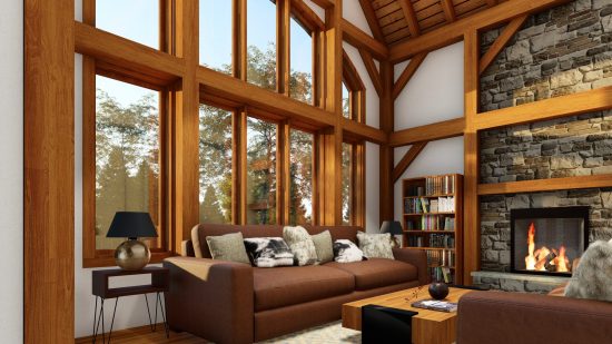 Normerica Timber Frames, House Plans, The Tobermory 3949, Interior, Living Room, Fireplace, Windows