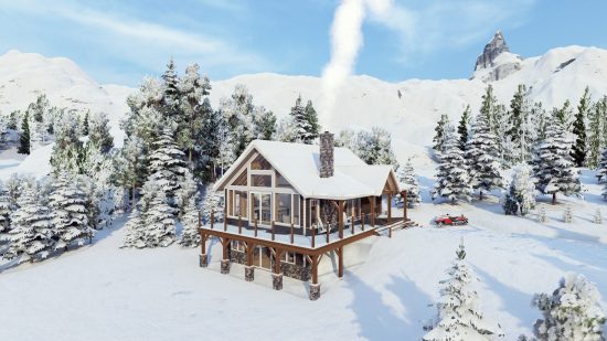 Timber Frame Open Concept House Plans | The Rouge | Normerica | Exterior, Front, Side, Winter