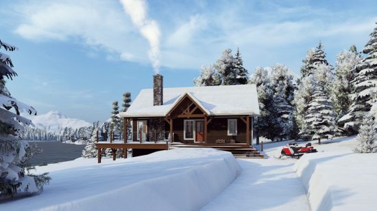 Timber Frame Open Concept House Plans | The Rouge | Normerica | Exterior, Front, Winter