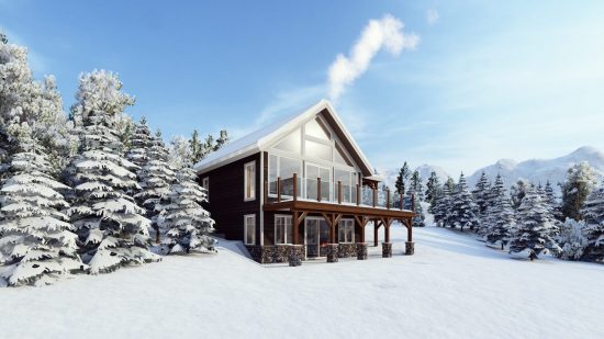 Timber Frame Open Concept House Plans | The Rouge | Normerica | Exterior, Side, Winter