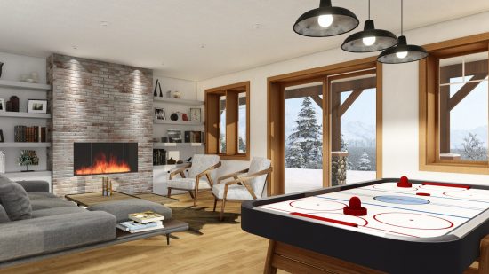 Timber Frame Open Concept House Plans | The Rouge | Normerica | Interior, Basement, Walkout, Recreation Room, Games Room