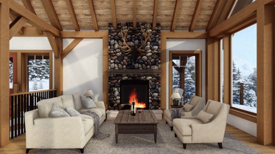 Timber Frame Open Concept House Plans | The Rouge | Normerica | Interior, Living Room, Fireplace