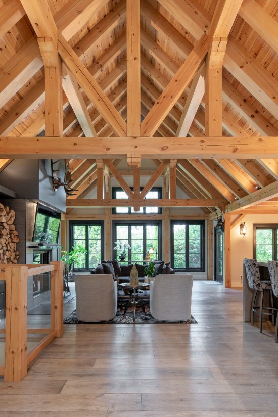 Urban Timber | Urban Estate Portfolio Interior, Cathedral Ceiling, Living Room, Open Concept | Normerica Timber Frame Homes