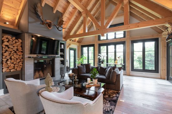 Urban Timber | Urban Estate Portfolio Interior, Cathedral Ceiling, Living Room, Open Concept, Fireplace, Great Room | Normerica Timber Frame Homes