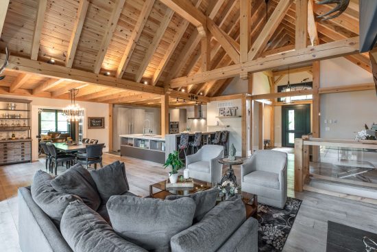 Urban Timber | Urban Estate Portfolio Interior, Cathedral Ceiling, Living Room, Open Concept, Dining Room | Normerica Timber Frame Homes