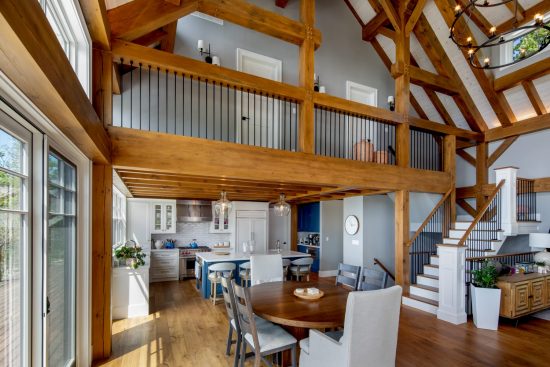 Normerica-Timber-Homes-Timber-Frame-Portfolio-Beachside-Bliss-Interior-Dining-Room-Kitchen-Loft-Cathedral-Ceilings-Open-Concept