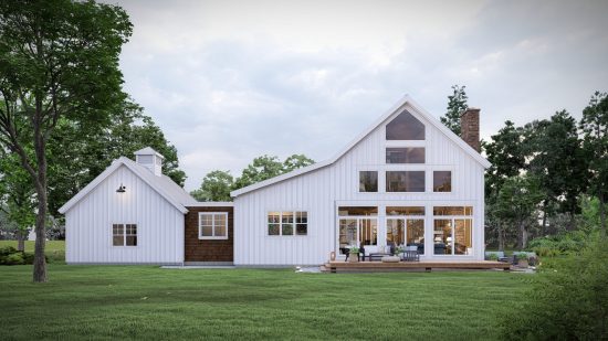 Modern Farm House Plans Kettleby 4001, Exterior, Rear, Garage, Deck | Normerica Timber Frame Homes