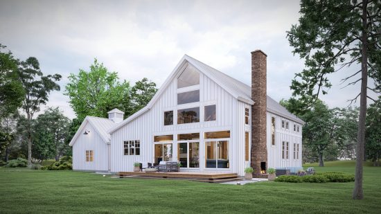 Modern Farm House Plans Kettleby 4001, Exterior, Rear, Side, Outdoor Fireplace, Deck | Normerica Timber Frame Homes