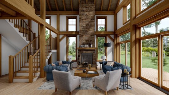 Modern Farm House Plans Kettleby 4001, Interior, Fireplace, Great Room, Living Room, Staircase | Normerica Timber Frame Homes