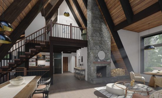 A Frame House Plans A Frame Cabin Plans The Highland 4100 Interior Great Room Loft Fireplace Dining Room Cathedral Ceiling | Normerica Timber Homes