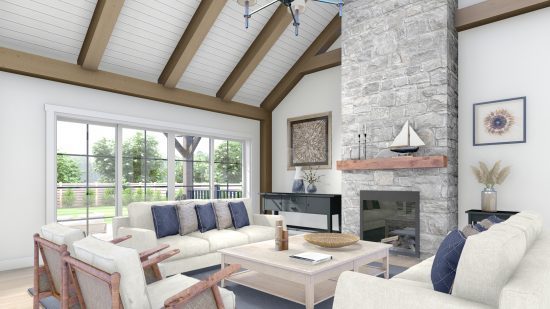 Urban Bungalow Timber House Plan | The Brighton 4104 | Normerica | Interior Living Room Cathedral Ceiling Fireplace