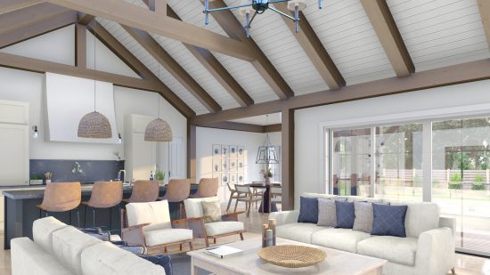 Urban Bungalow Timber House Plan | The Brighton 4104 | Normerica | Interior Living Room Cathedral Ceiling Kitchen 2